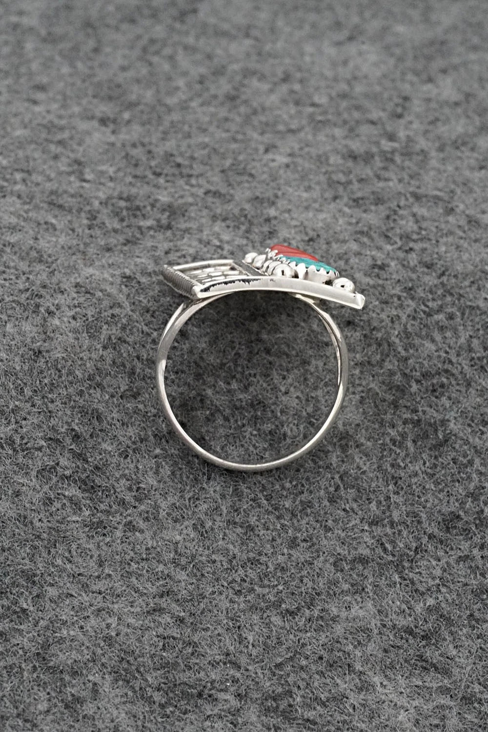 Turquoise, Coral & Sterling Silver Ring - Ronnie Spencer - Size 10