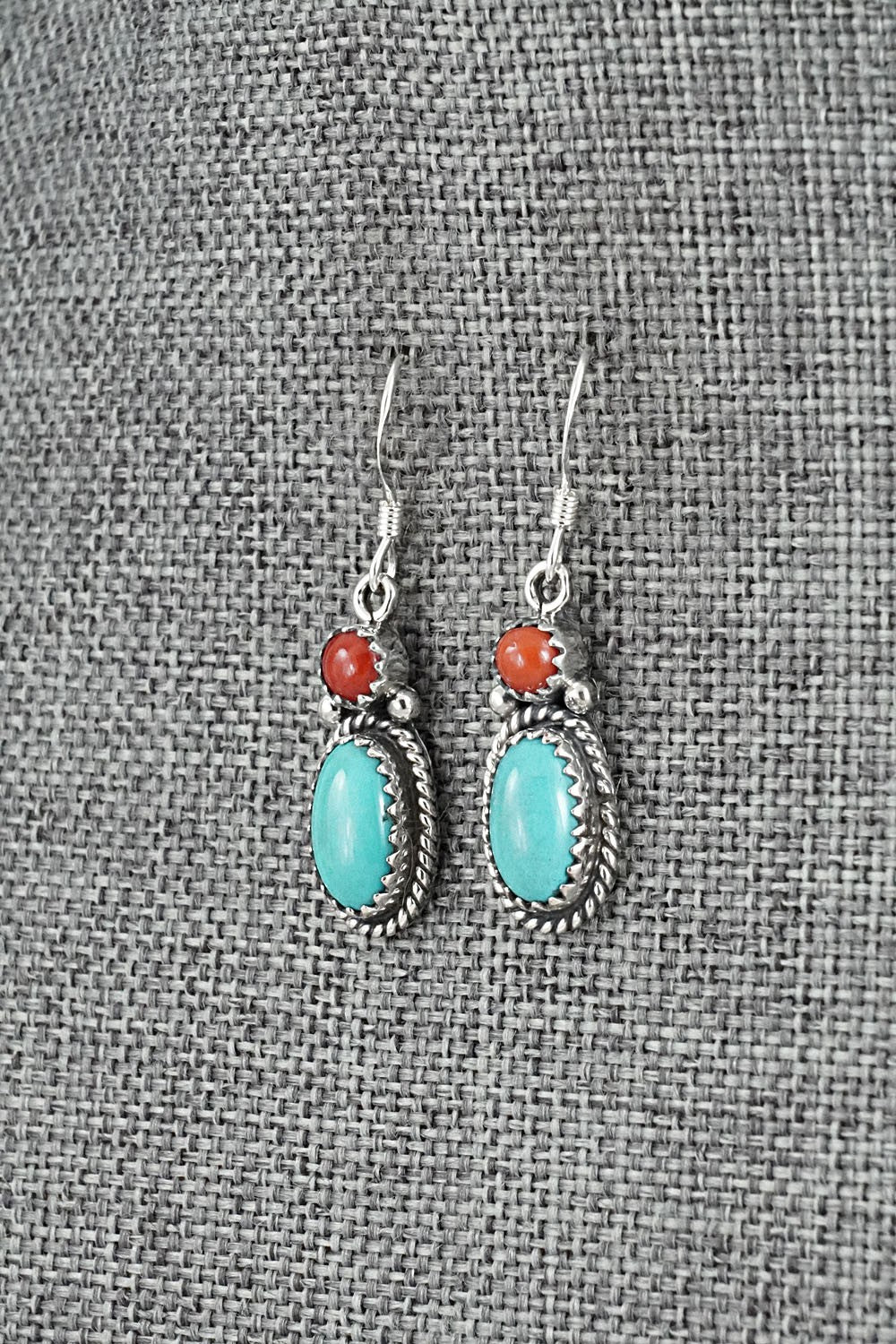 Turquoise, Coral & Sterling Silver Earrings - Verley Betone