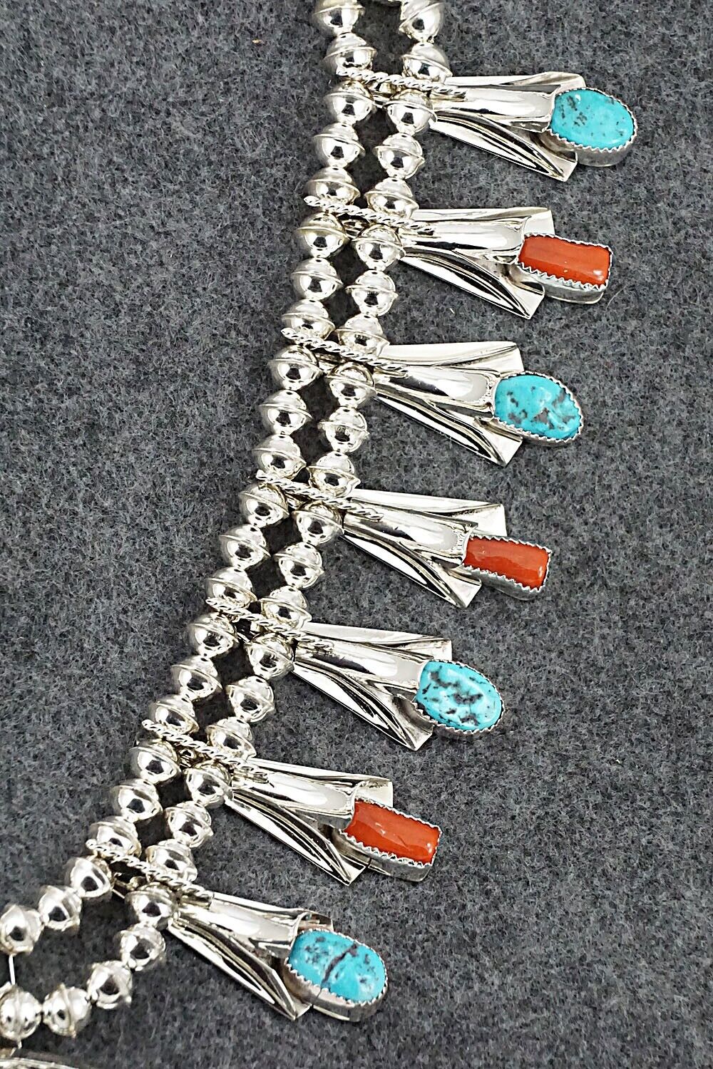 Turquoise, Coral & Sterling Silver Squash Blossom Set - Louise Yazzie