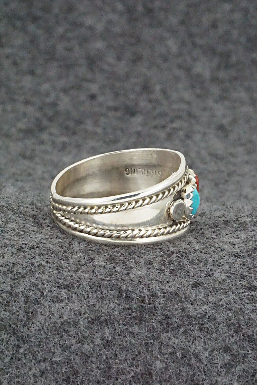 Turquoise, Coral & Sterling Silver Ring - Sondra Whitegoat - Size 11