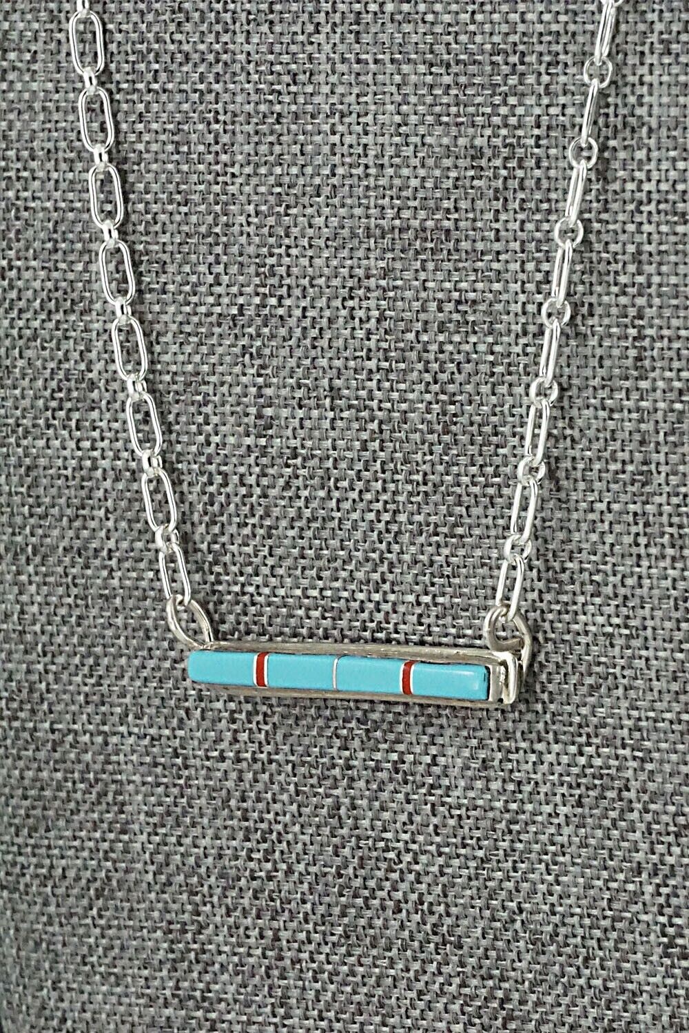 Turquoise, Coral & Sterling Silver Inlay Necklace - Roland Natachu
