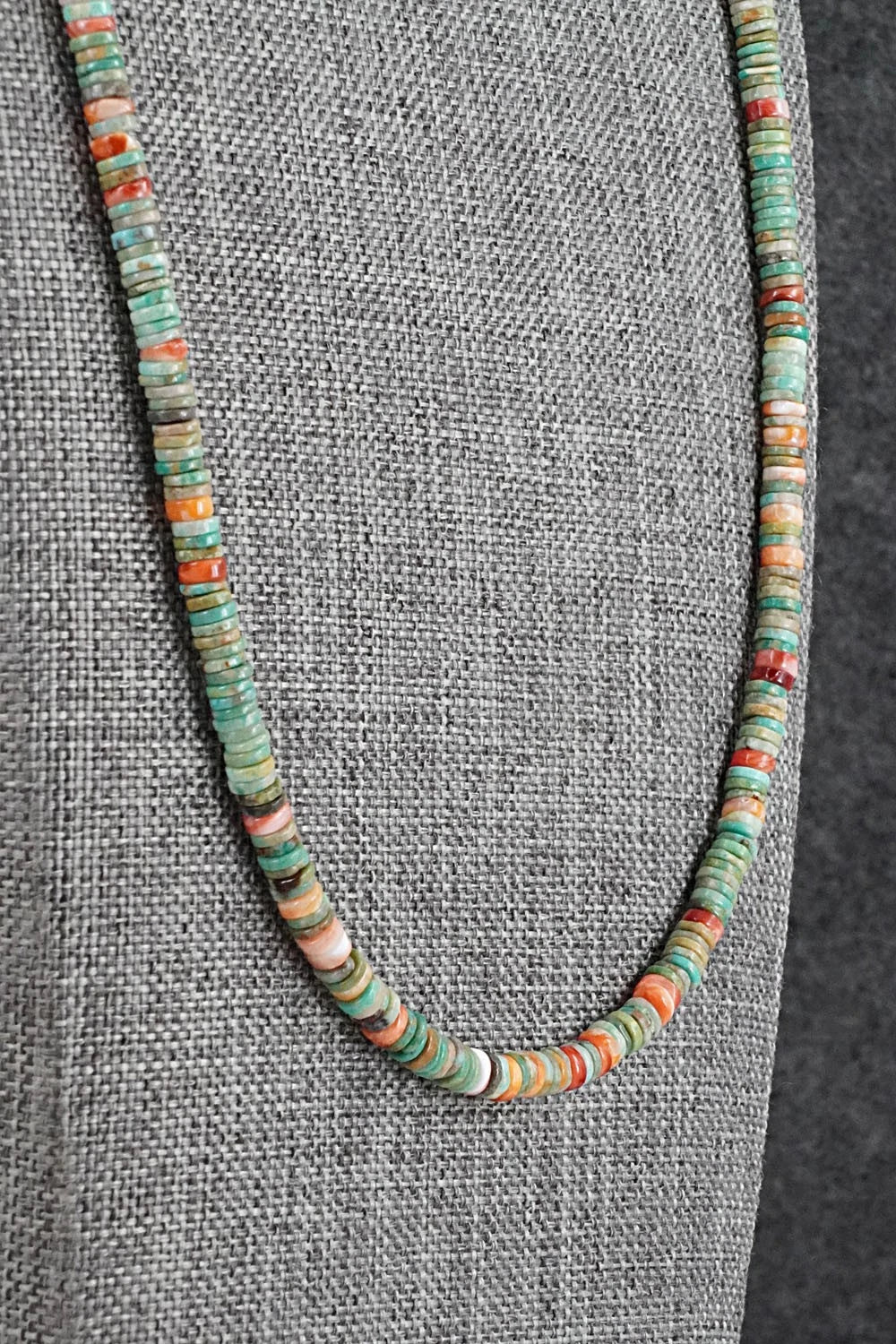 Turquoise, Spiny Oyster & Sterling Silver Necklace 24" - Doreen Jake