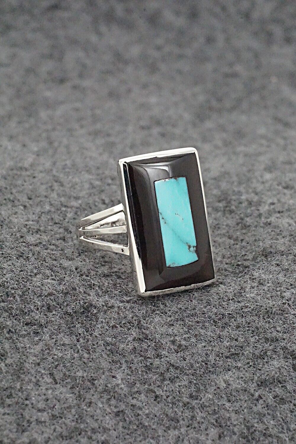 Turquoise, Onyx & Sterling Silver Inlay Ring - Harlen Consis - Size 7.25