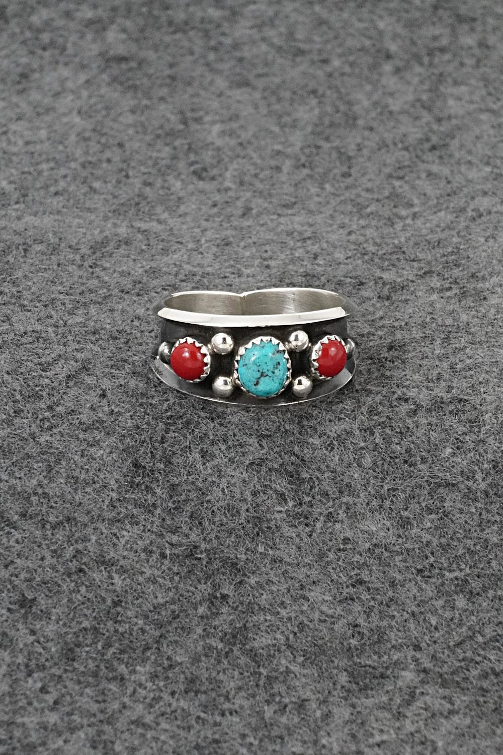 Turquoise, Coral & Sterling Silver Ring - Paul Largo - Size 13