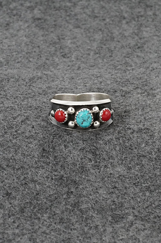 Turquoise, Coral & Sterling Silver Ring - Paul Largo - Size 13