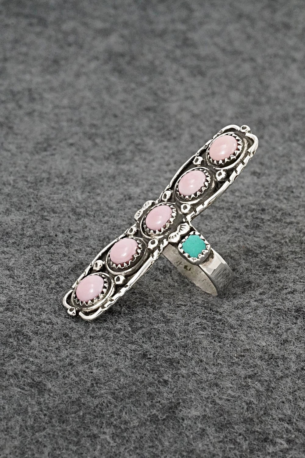 Pink Conch, Turquoise & Sterling Silver Ring - Priscilla Reeder - Size 7.5