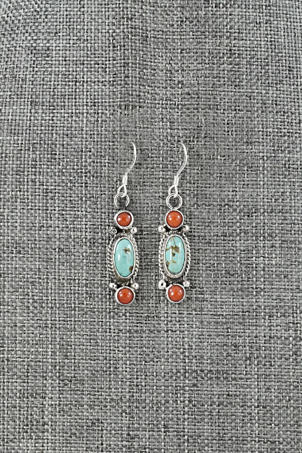Turquoise, Coral & Sterling Silver Earrings - Verley Betone