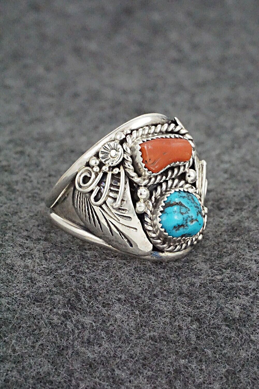 Turquoise, Coral & Sterling Silver Ring - Leonard Spencer - Size 12