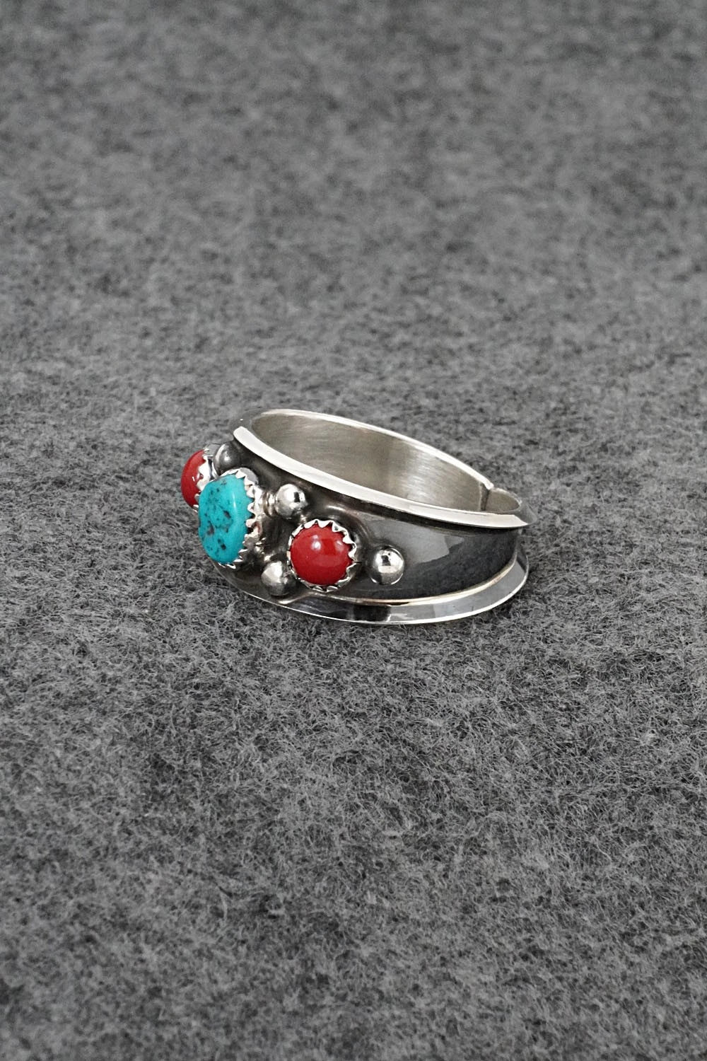 Turquoise, Coral & Sterling Silver Ring - Paul Largo - Size 12