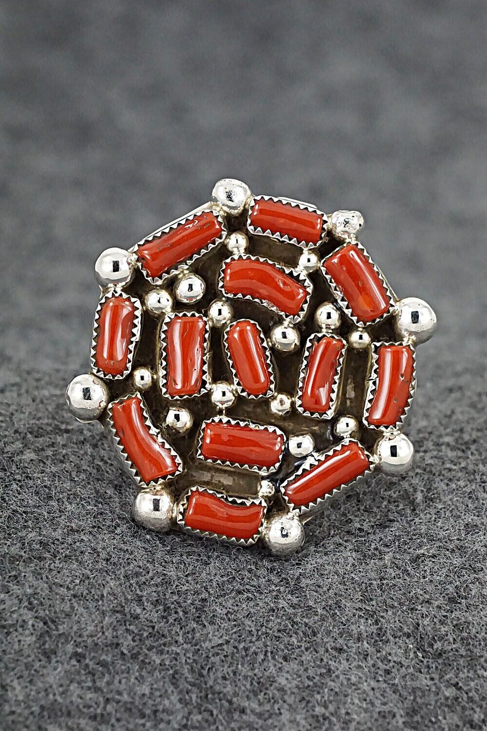 Coral and Sterling Silver Ring - Darlene Begay - Size 10