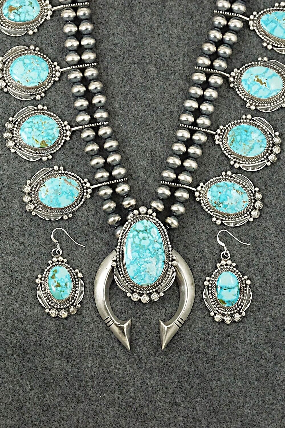 Turquoise & Sterling Silver Squash Blossom and Earrings Set - Tom Lewis