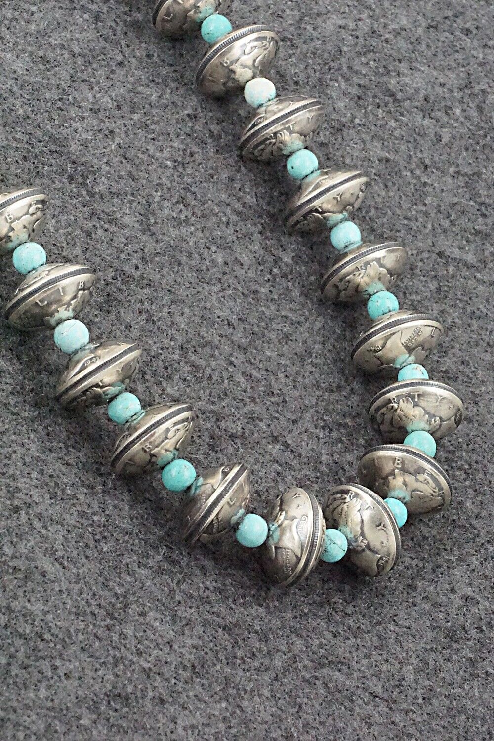 Turquoise & Handmade Mercury Dime Bead Sterling Silver Necklace - Julius Burbank