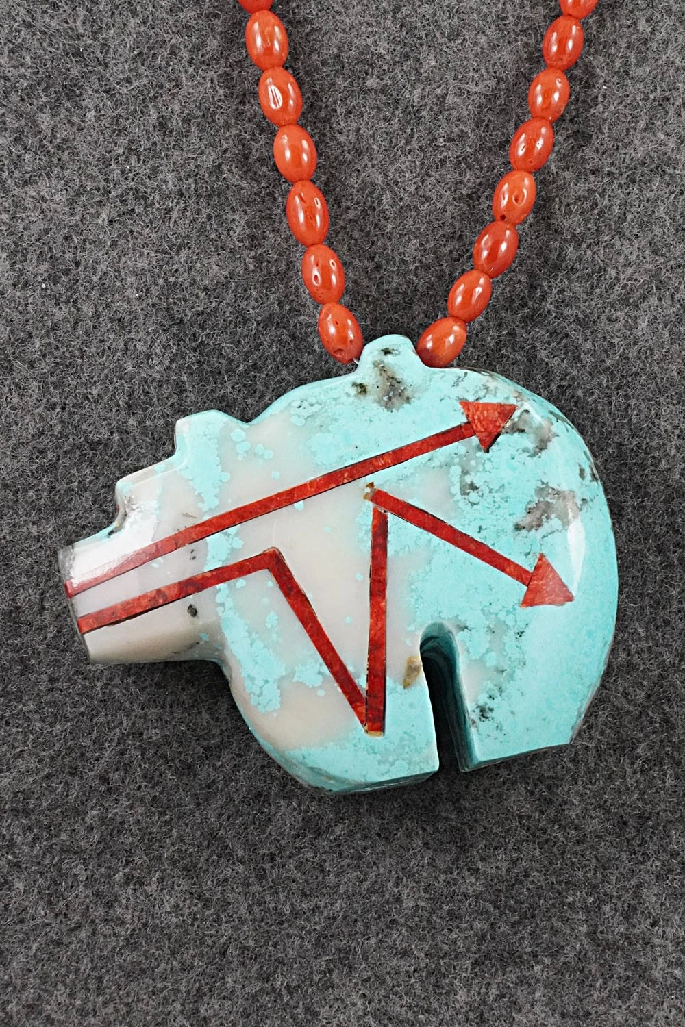 Coral, Turquoise Zuni Fetish & Sterling Silver Necklace - Bernard Laiwakete