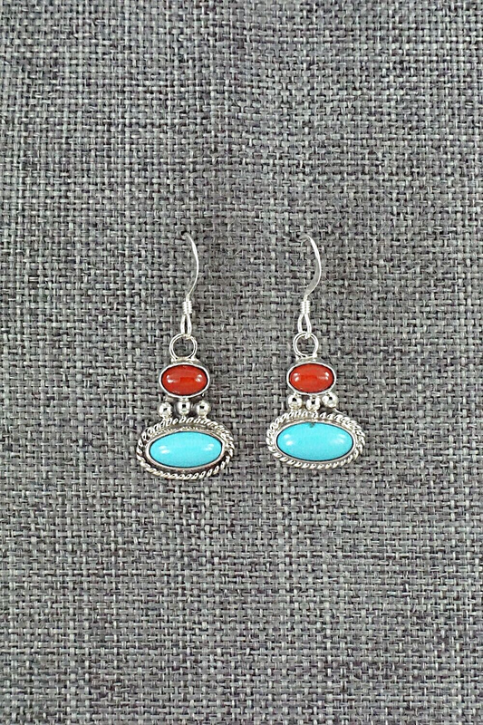 Turquoise, Coral & Sterling Silver Earrings - Annie Spencer