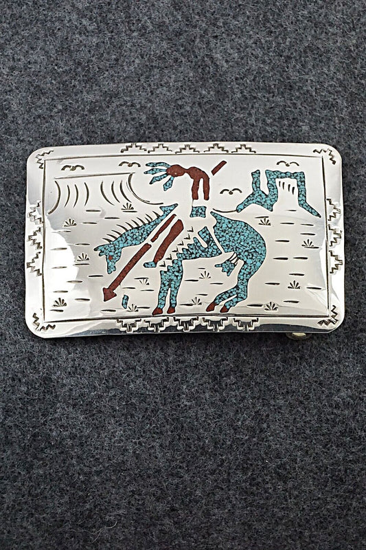 Turquoise, Coral Chip Inlay & Sterling Silver Belt Buckle - Raymond Begay