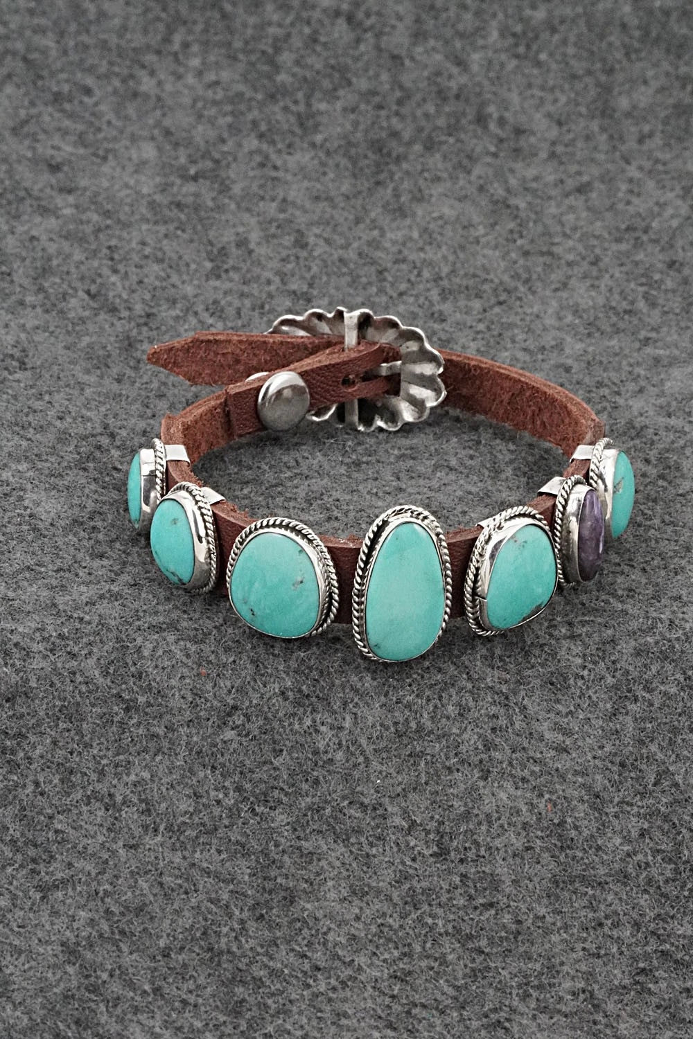 Turquoise, Spiny Oyster, Sterling Silver & Leather Bracelet - Bonnie Willie