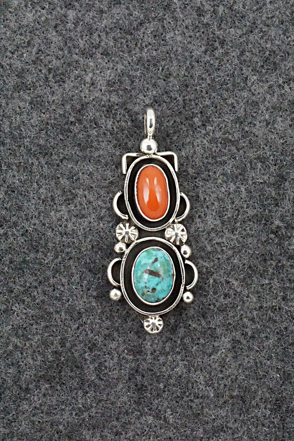 Turquoise, Coral & Sterling Silver Pendant - Roger Lewis