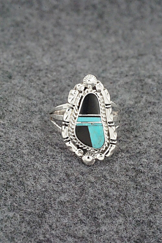 Turquoise, Onyx & Sterling Silver Ring - James Manygoats - Size 9