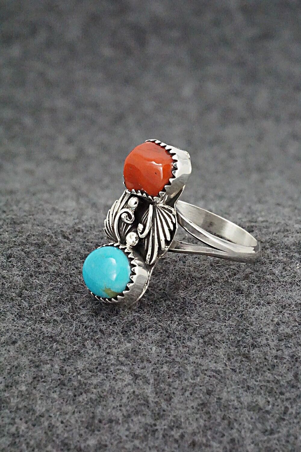 Coral, Turquoise & Sterling Silver Ring - Alice Rose Saunders - Size 8.5