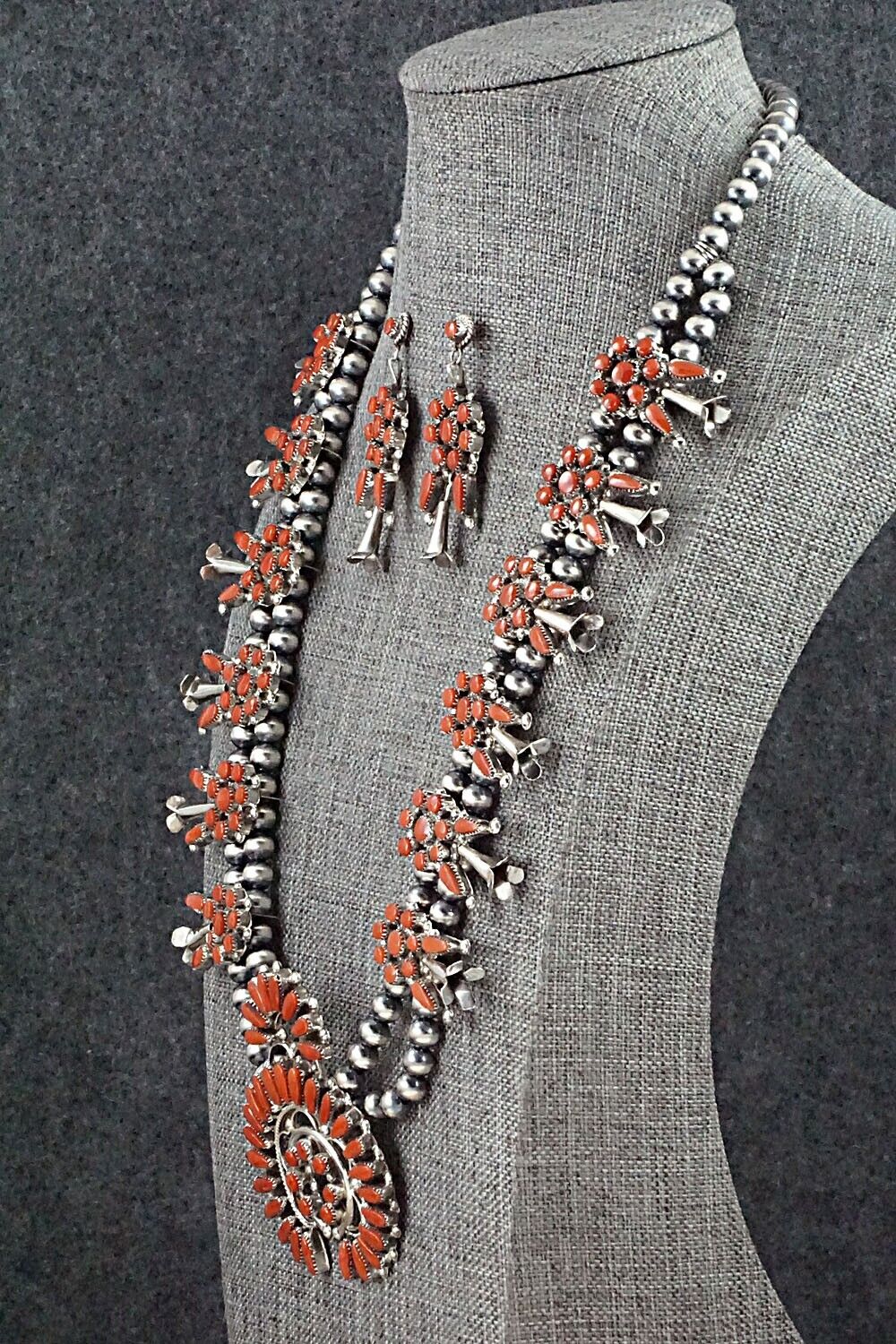 Coral & Sterling Silver Squash Blossom and Earrings Set - Viola Bobelu