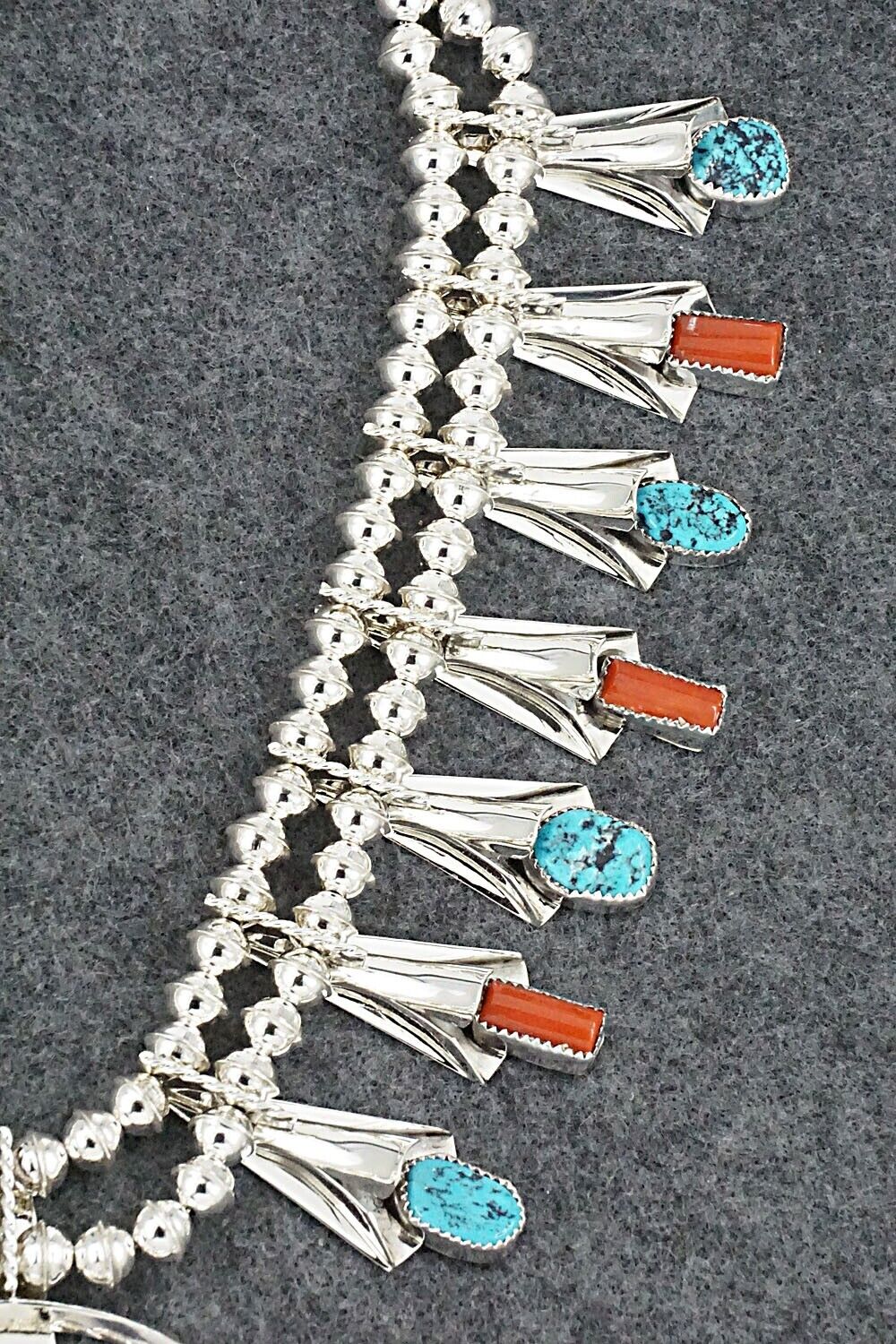 Turquoise, Coral & Sterling Silver Squash Blossom Set - Louise Yazzie