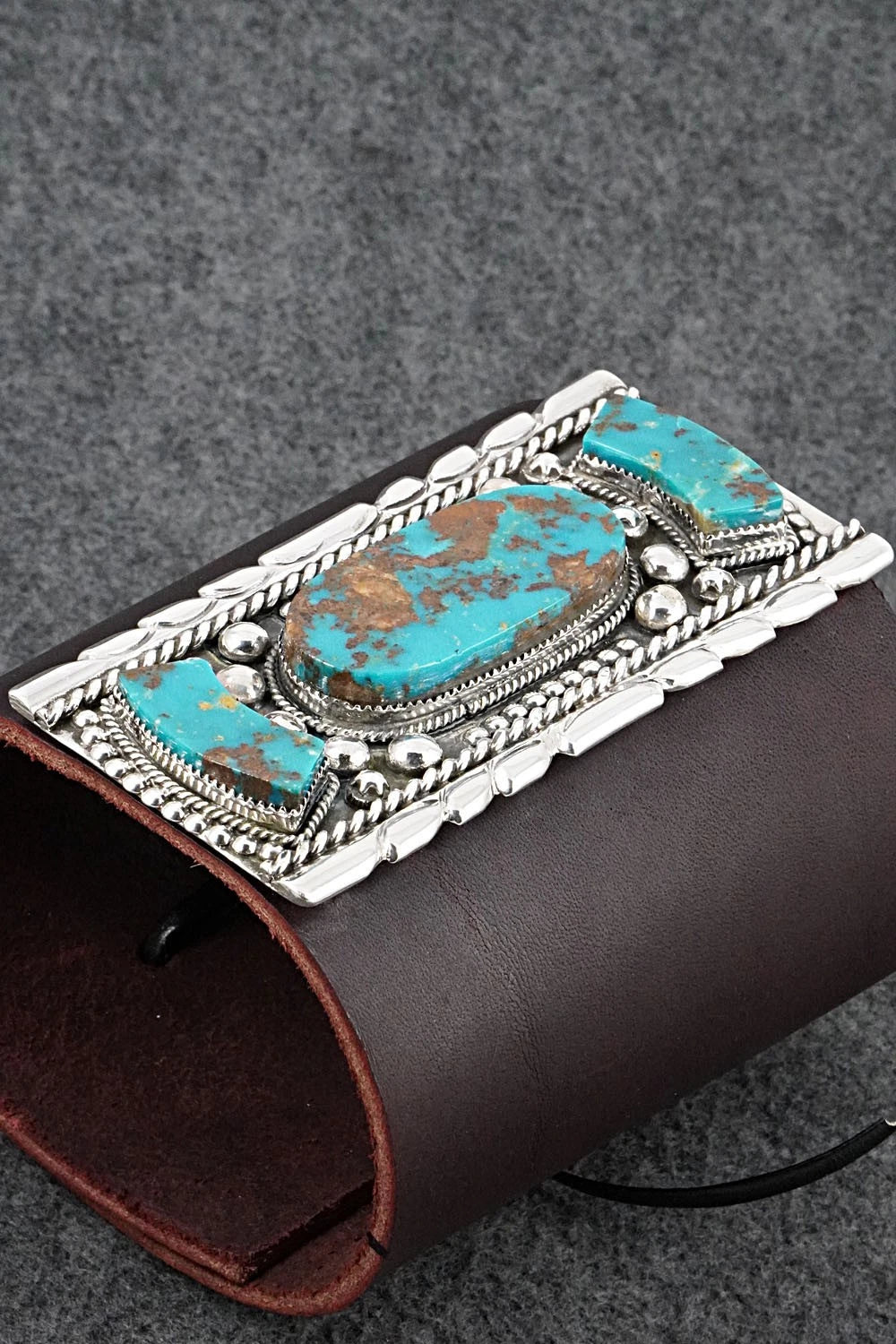 Turquoise, Sterling Silver & Leather Bracelet - Griffin Tsabetsaye Jr.