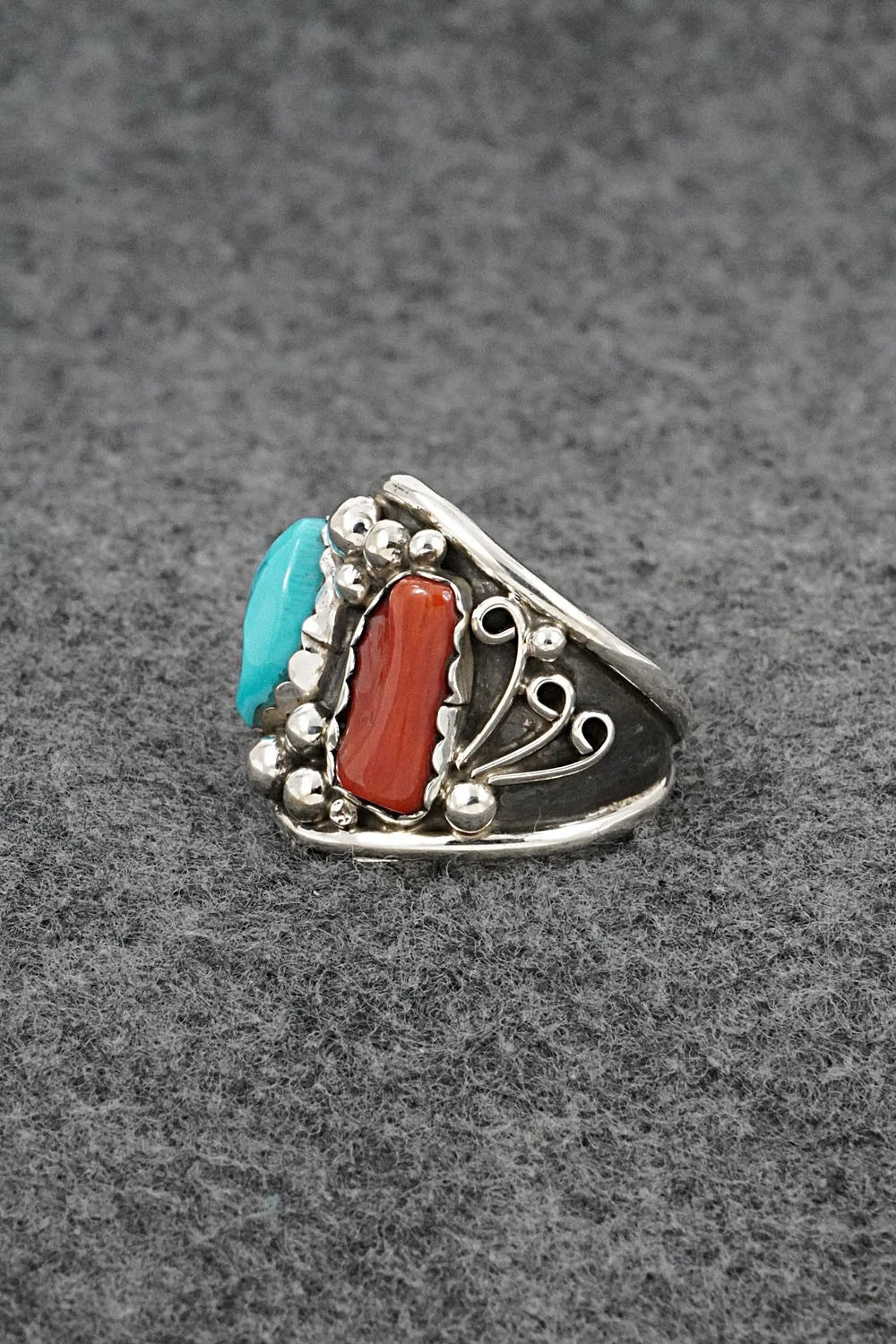Turquoise, Coral & Sterling Silver Ring - Darrell Morgan - Size 10.5