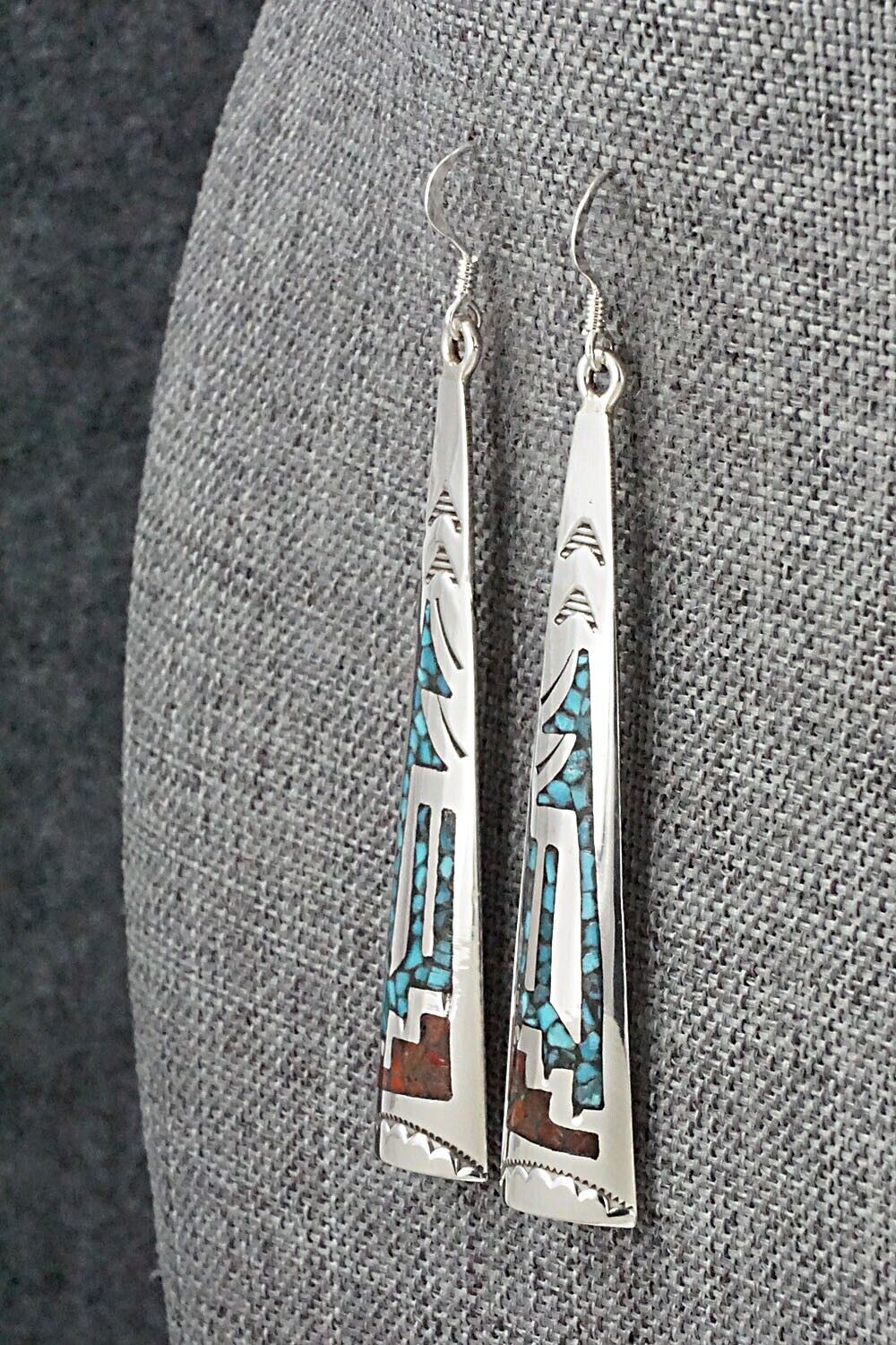 Turquoise, Coral & Sterling Silver Earrings - Jolene Yazzie
