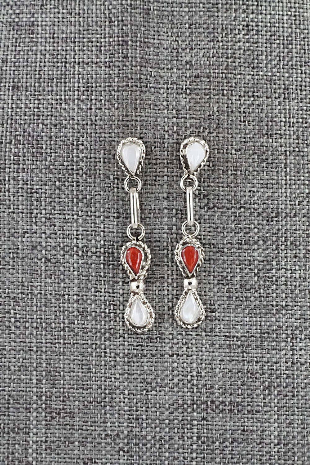 Coral, Mother of Pearl & Sterling Silver Earrings - Carol Lateyice