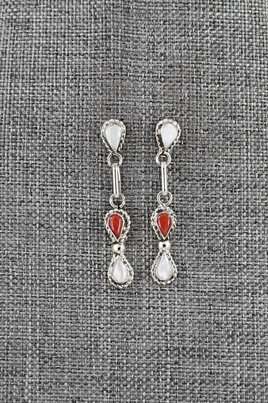 Coral, Mother of Pearl & Sterling Silver Earrings - Carol Lateyice