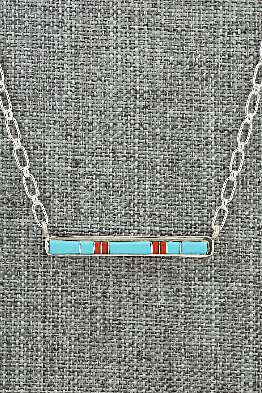 Turquoise, Coral & Sterling Silver Inlay Necklace - Roland Natachu