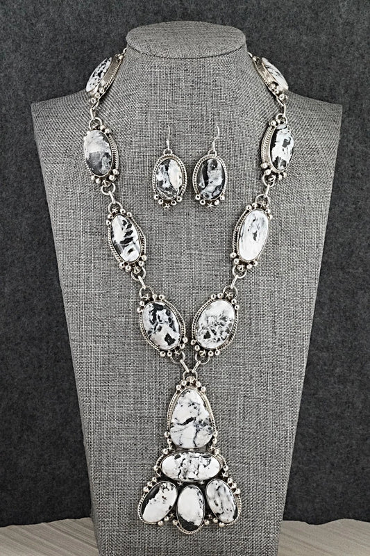 White Buffalo & Sterling Silver Necklace and Earrings Set - Vernon Johnson
