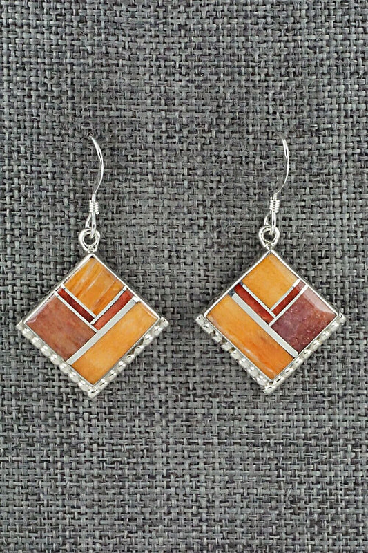 Spiny Oyster & Sterling Silver Inlay Earrings - James Manygoats