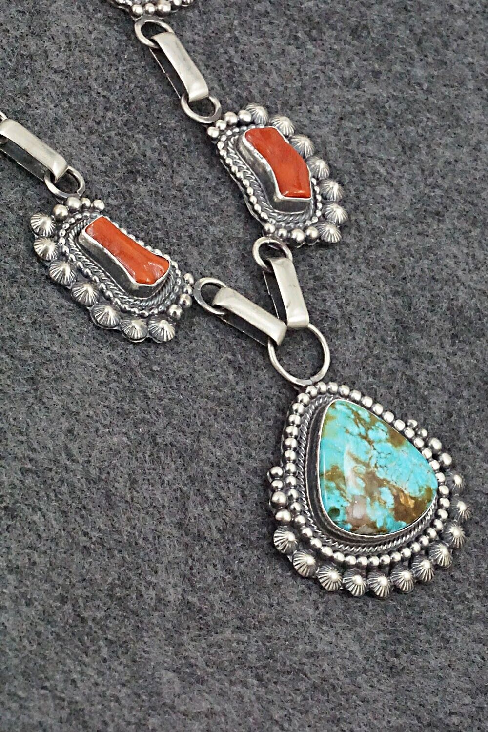 Turquoise, Coral & Sterling Silver Necklace and Earrings Set - Tom Lewis