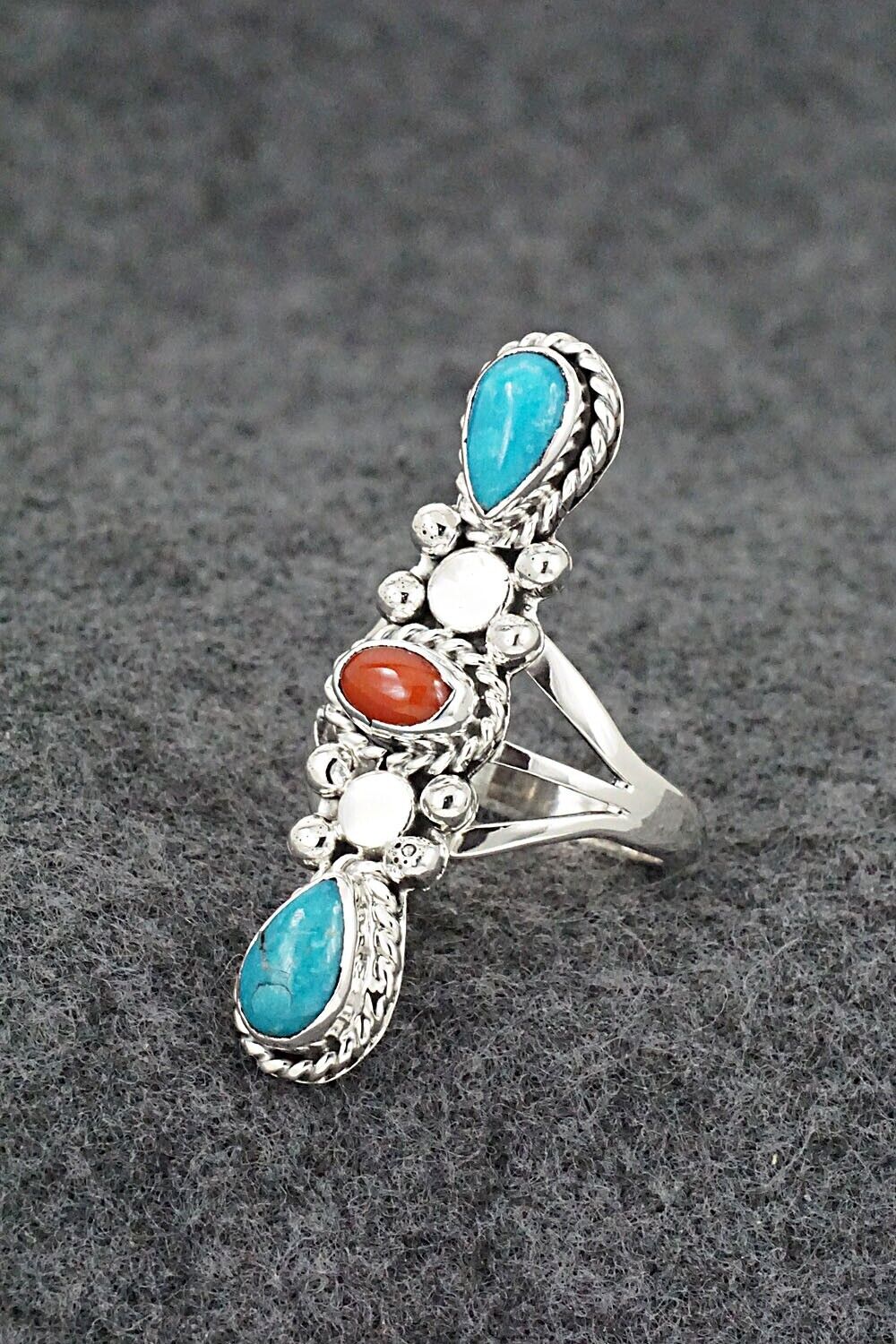 Turquoise, Coral & Sterling Silver Ring - Andrew Vandever - Size 7
