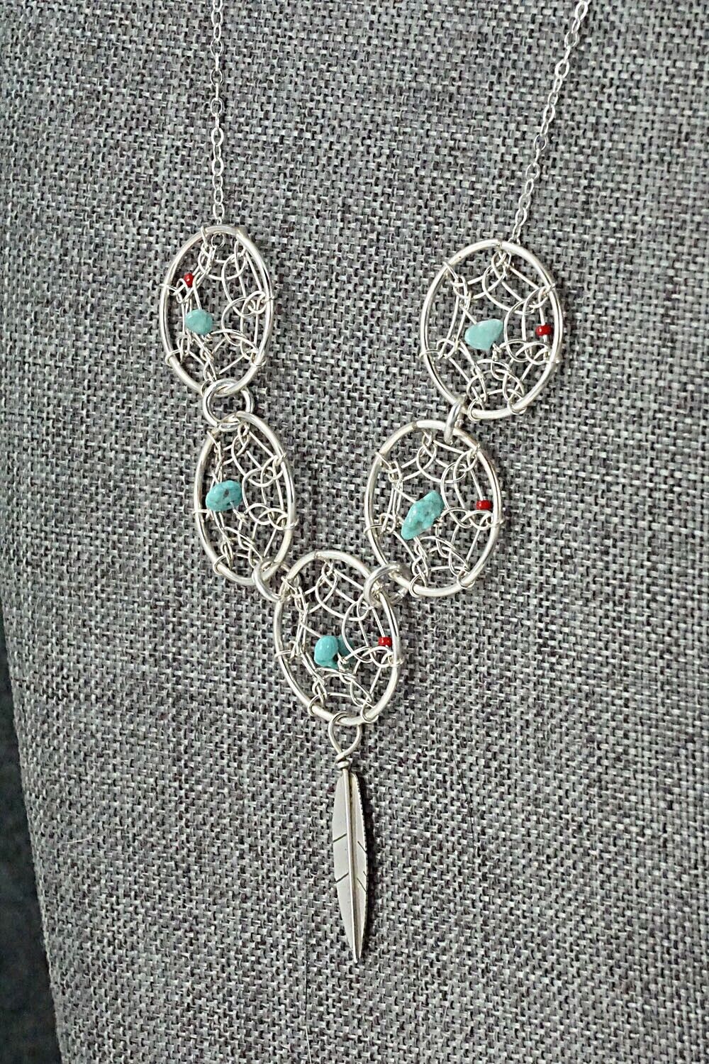 Turquoise, Coral & Sterling Silver Necklace - Lorenzo Arviso Jr.