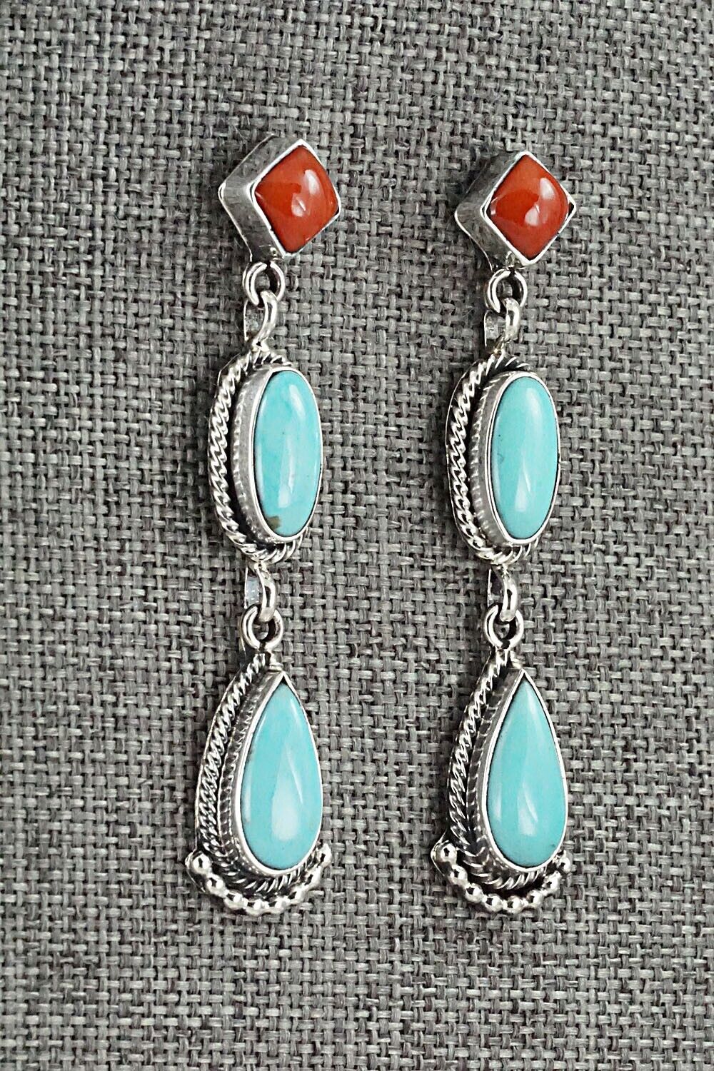Turquoise, Coral & Sterling Silver Earrings - Verley Betone
