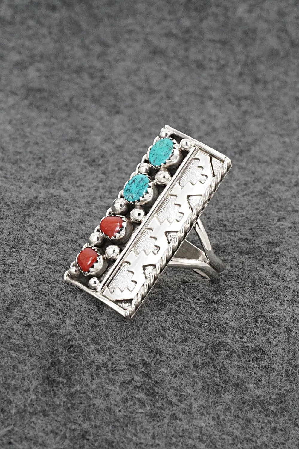 Turquoise, Coral & Sterling Silver Ring - Ronnie Spencer - Size 10