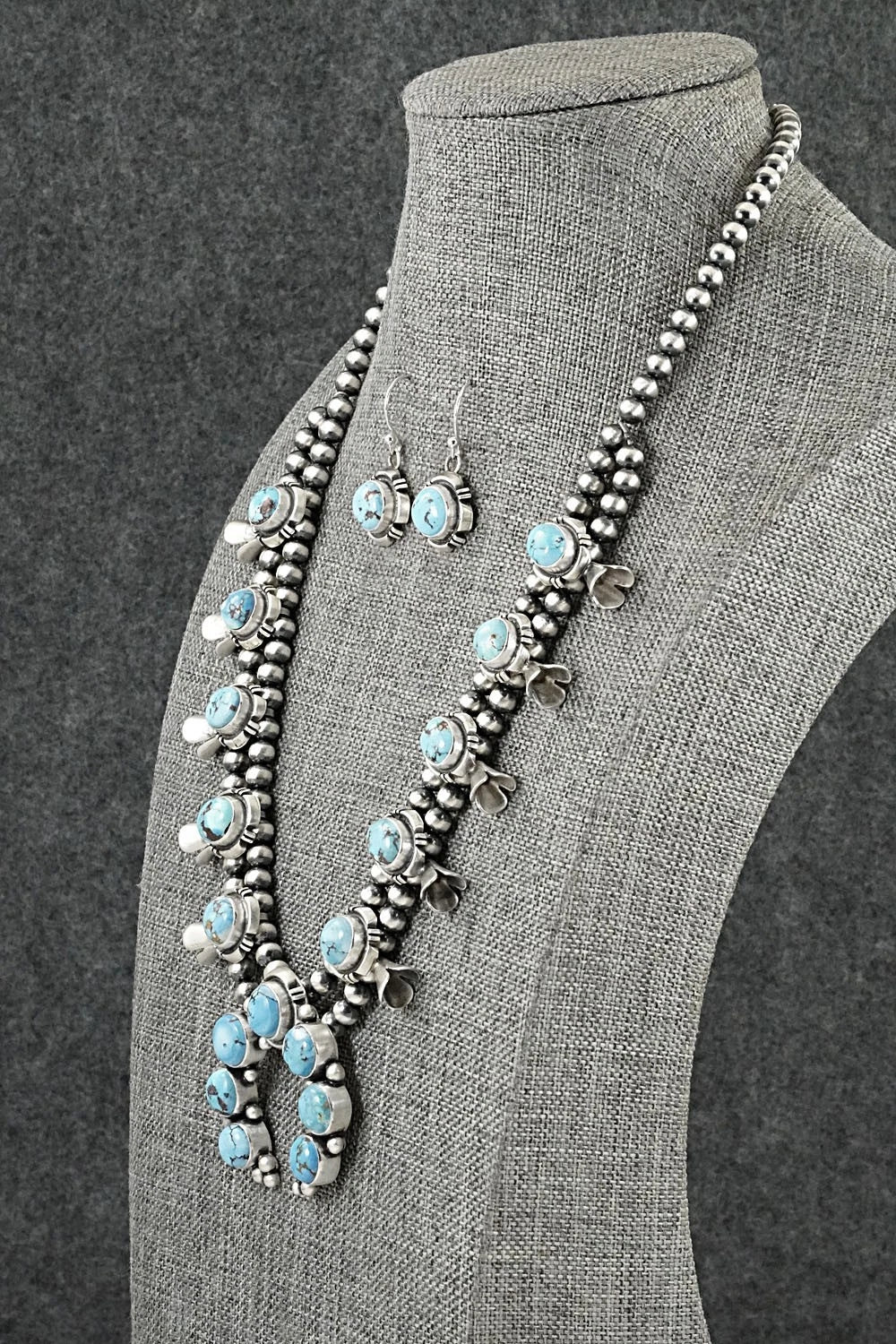 Turquoise & Sterling Silver Squash Blossom Necklace Set - Mark Yazzie