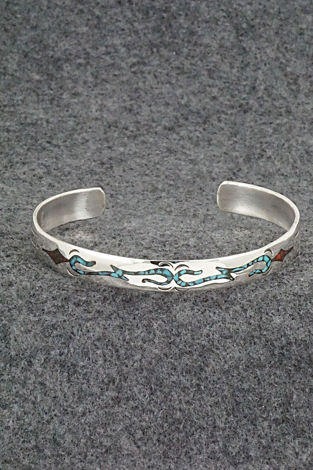 Turquoise, Coral Chip Inlay & Sterling Silver Bracelet - Joleen Yazzie