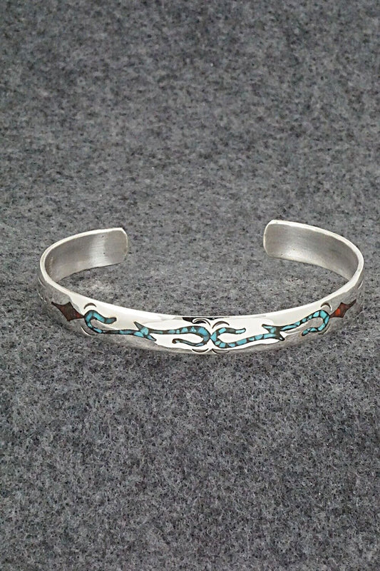 Turquoise, Coral Chip Inlay & Sterling Silver Bracelet - Joleen Yazzie