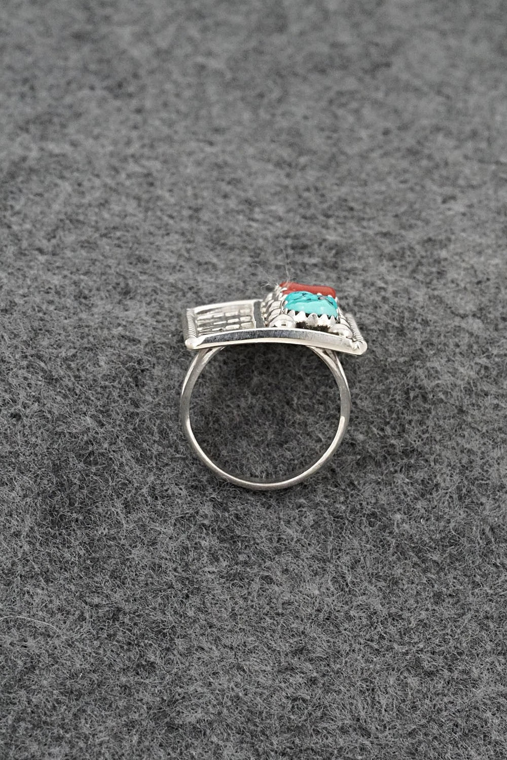 Turquoise, Coral & Sterling Silver Ring - Ronnie Spencer - Size 6.5