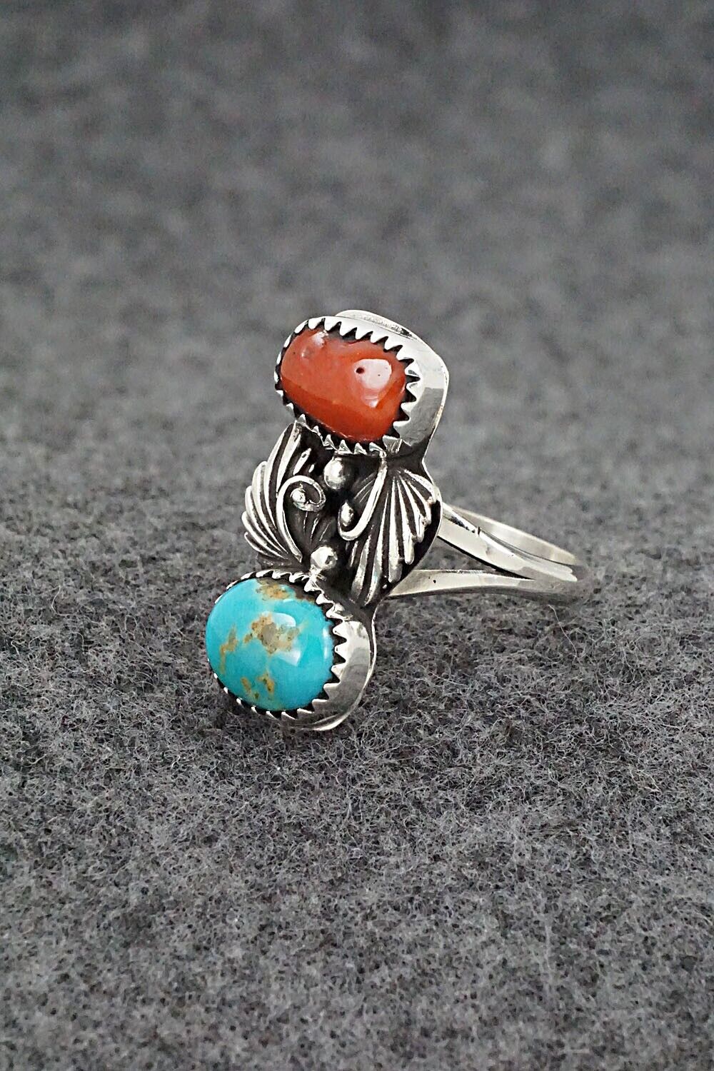 Coral, Turquoise & Sterling Silver Ring - Alice Rose Saunders - Size 7.75