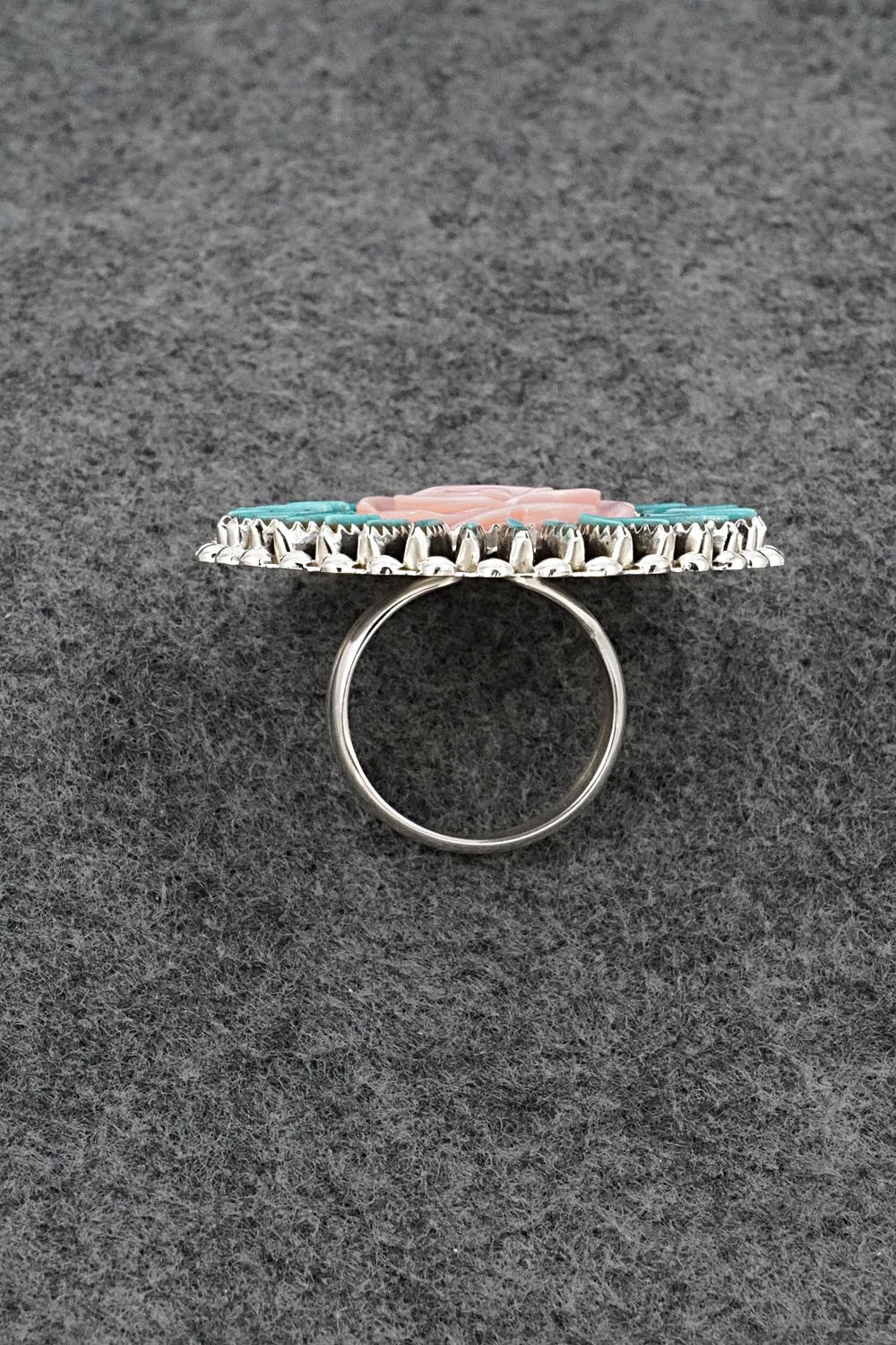 Turquoise, Pink Conch & Sterling Silver Ring - Roland Francisco - Size Adj.