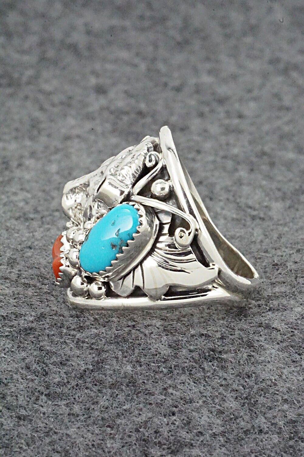Turquoise, Coral & Sterling Silver Ring - Jeannette Saunders - Size 10.75