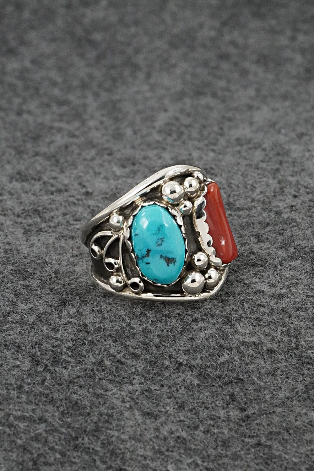 Turquoise, Coral & Sterling Silver Ring - Darrell Morgan - Size 10.5