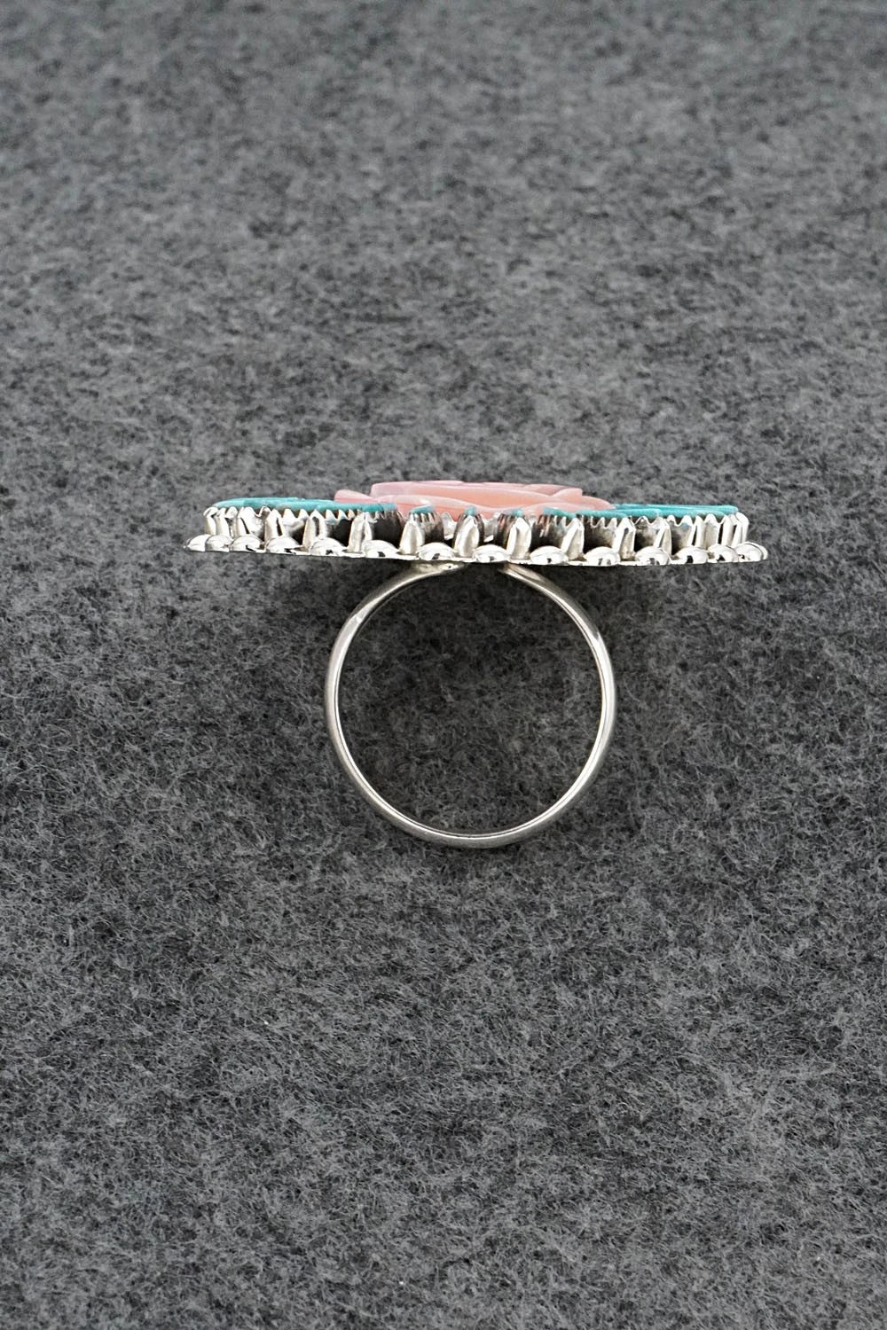 Turquoise, Pink Conch & Sterling Silver Ring - Roland Francisco - Size Adj.