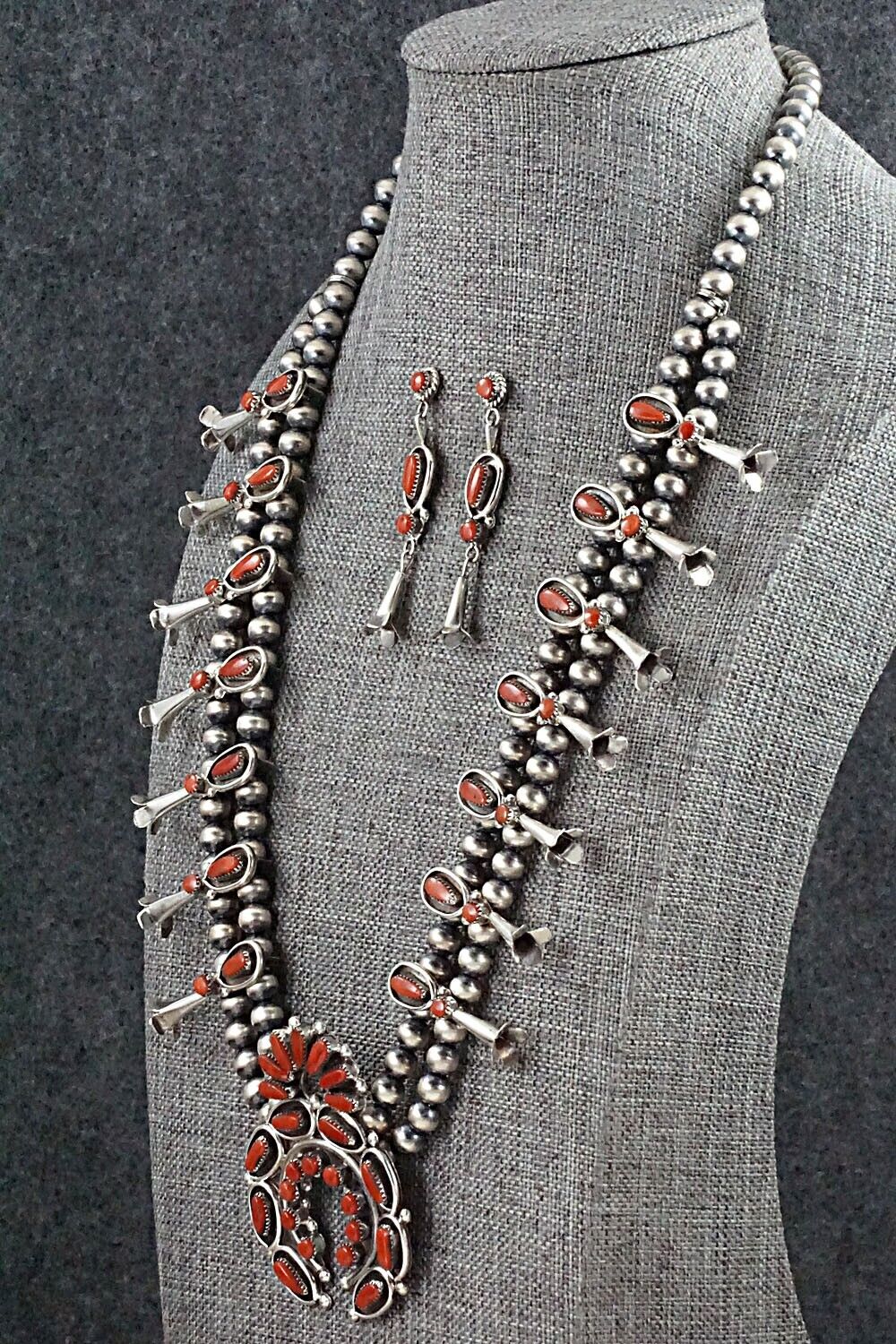 Coral & Sterling Silver Squash Blossom and Earrings Set - Vie Bobelu