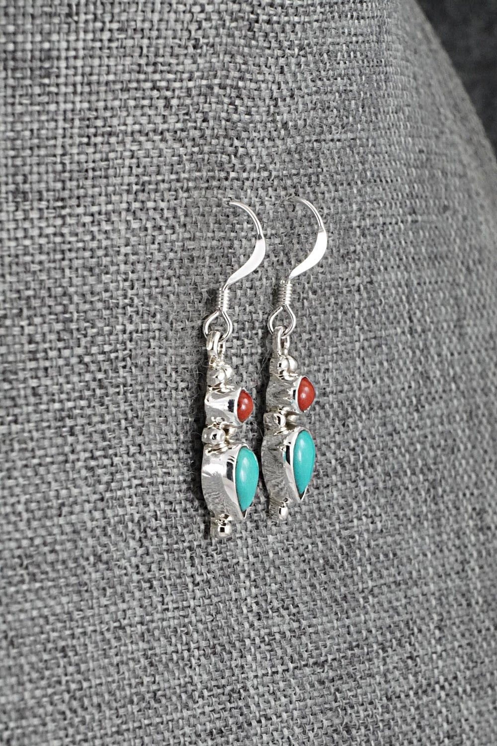 Turquoise, Coral & Sterling Silver Earrings - Gary Shorty