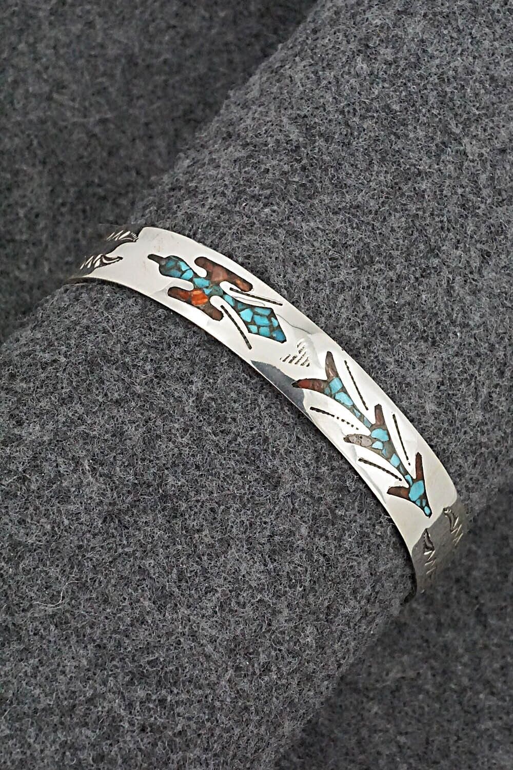 Turquoise, Coral Chip Inlay & Sterling Silver Bracelet - Joleen Yazzie